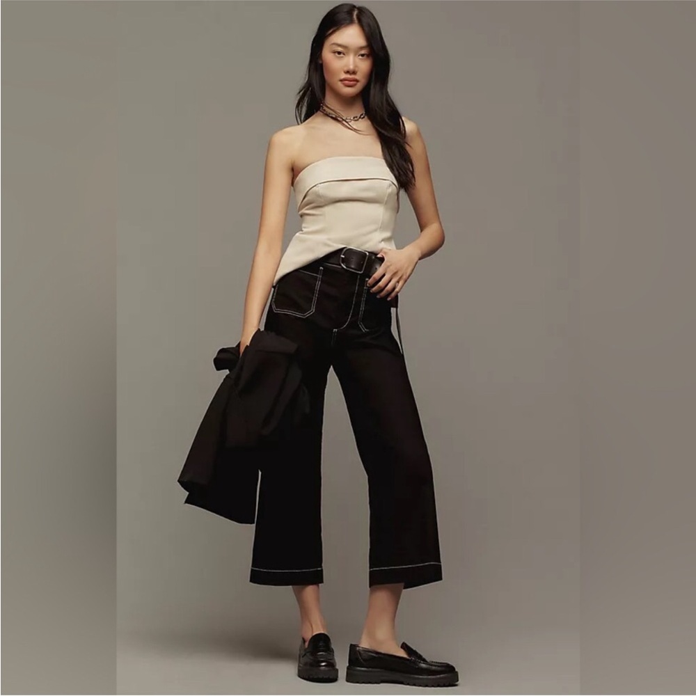 Anthropologie Maeve Colette Wide Leg Linen Blend Pants Contrast Stitch